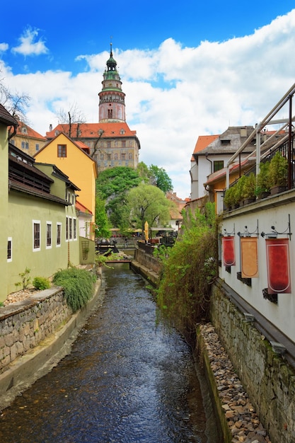 Old city center with State Castle and bend of Vltava River of Cesky Krumlov in Czech Republic.