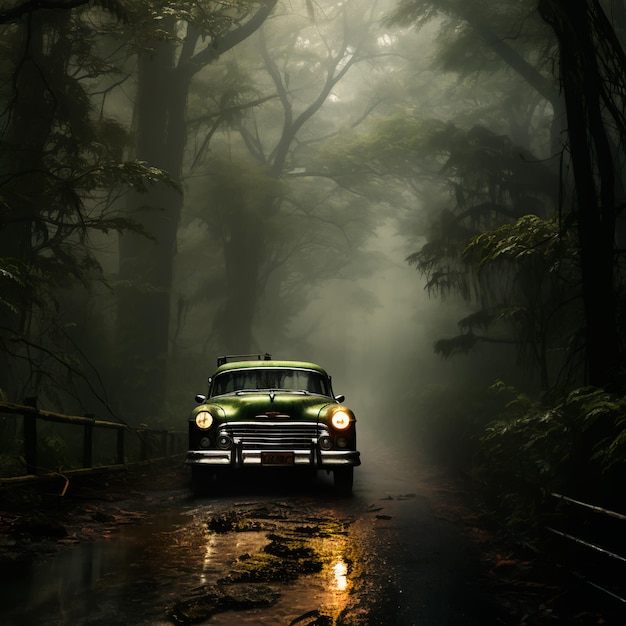 Old classic car on a foggy asphalt road in the forest