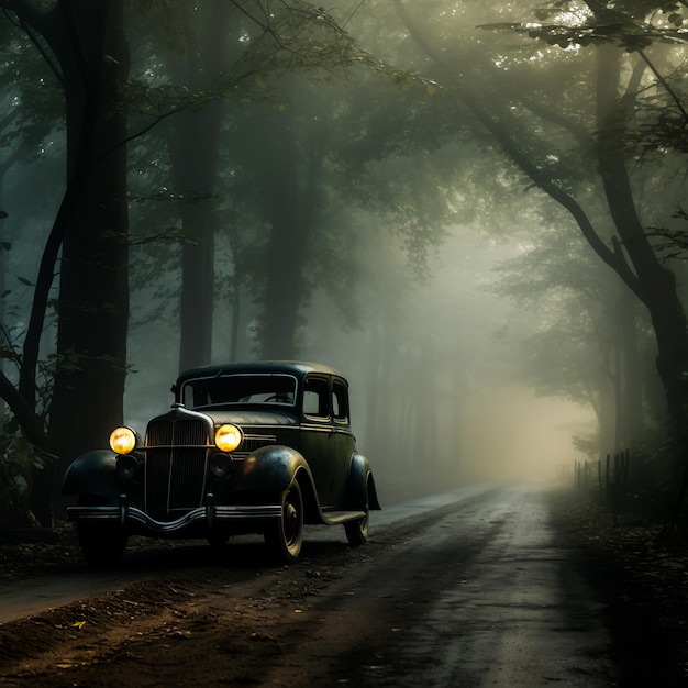 Old classic car on a foggy asphalt road in the forest