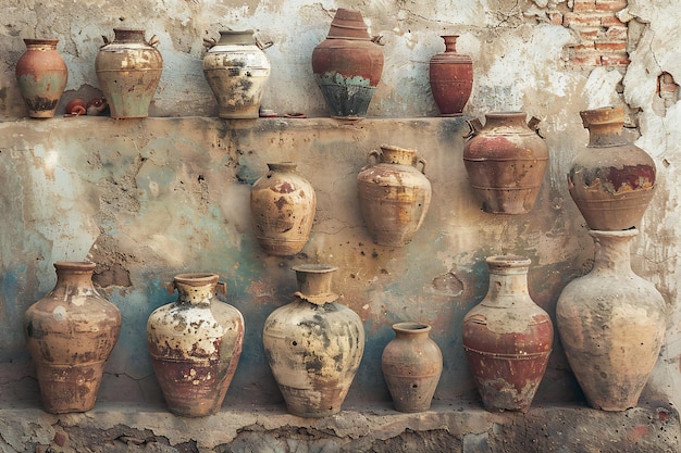 Old clay vases on the wall of the old house Vintage style