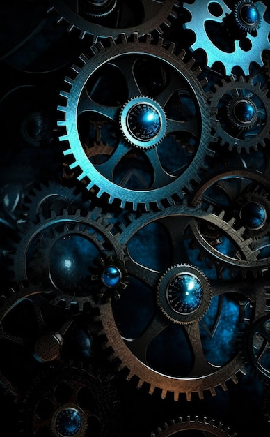 Old clock mechanism gears and cogs Functioning like a clockwork concept Dark backdrop Generative AI