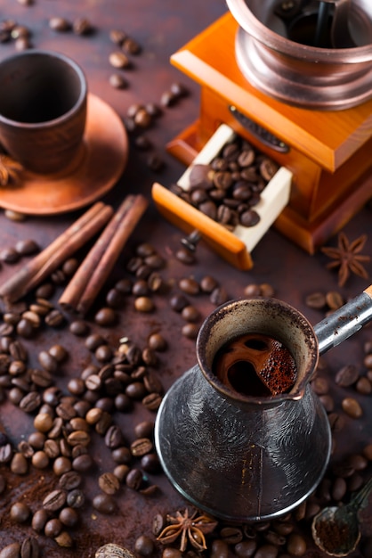 Old coffee pot and beans