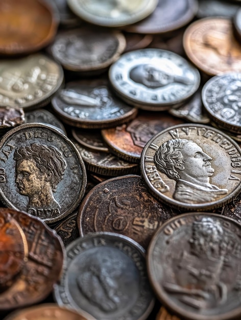 Old coins from various historical periods in a collection