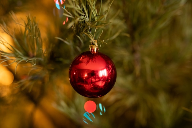 Old colorful Christmas decorations with fur-tree and toys