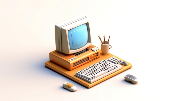 an old computer with a cup of pencils and a cup of pens on top of it