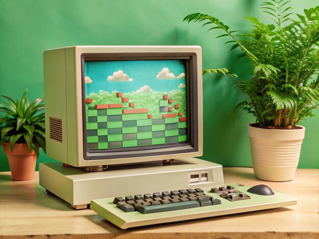 an old computer with a green plant in the background