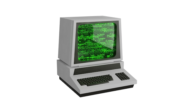 Old computer with green screen and keyboard on the side on isolated background