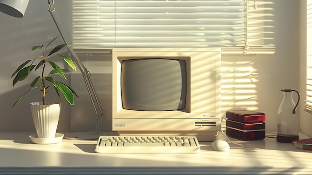 Photo an old computer with a keyboard and a mouse on a desk