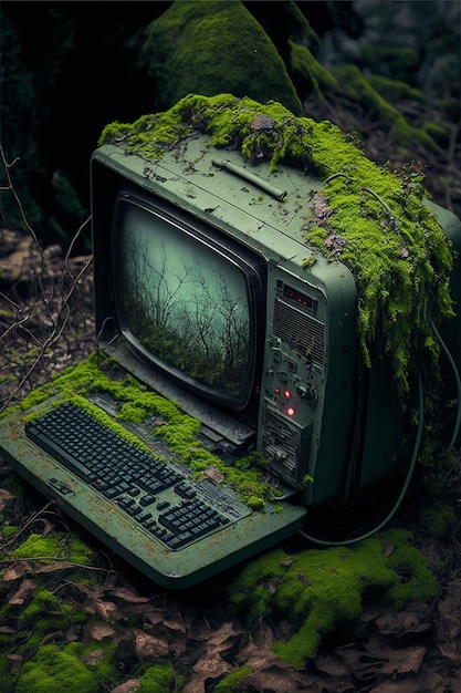 An old computer with moss on the top and a monitor with a screen showing a tree on it.