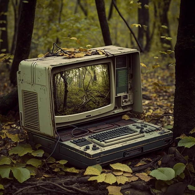 An old computer with a screen that has a picture of a forest on it.