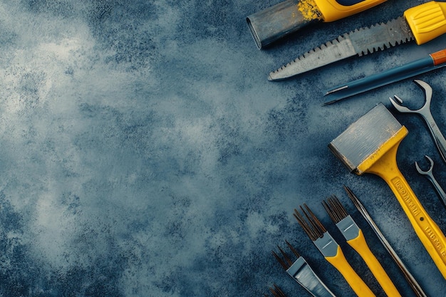 Old construction tools laid out on a concrete background top view vintage hand tools