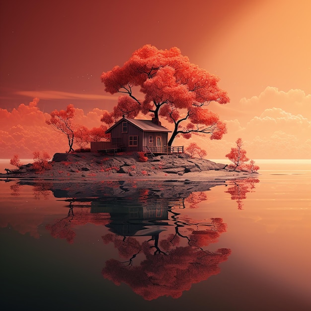 An old cottage on the edge of water with a tree on it