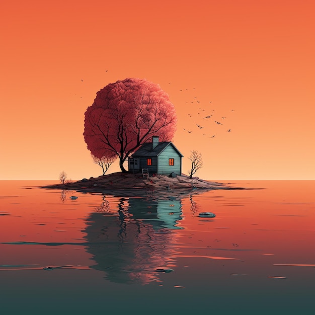 An old cottage on the edge of water with a tree on it