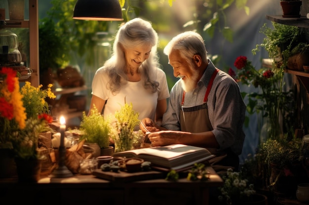 Old couple gardening Illustration AI GenerativexA