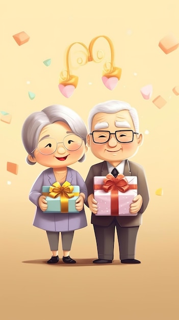 Photo an old couple holding presents and a gift box