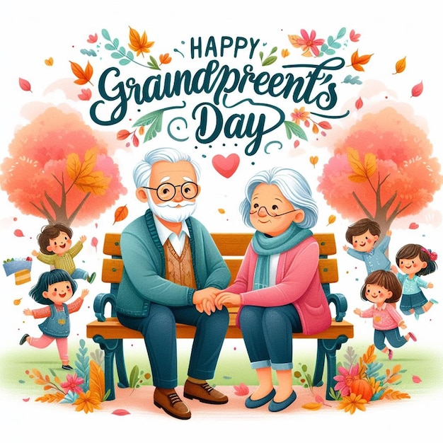 an old couple is sitting on a bench with a happy grandparents day greeting