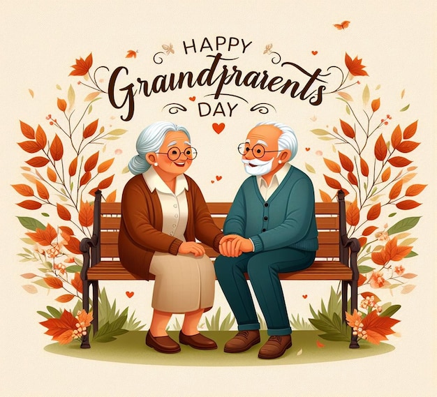 an old couple is sitting on a bench with a picture of grandparents