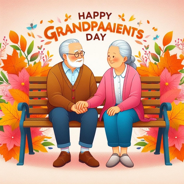 an old couple is sitting on a bench with a picture of an old couple on it