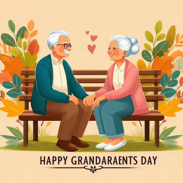 an old couple is sitting on a bench with the words happy grandparents