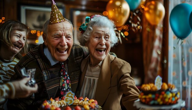 Photo an old couple posing for a photo with a cake and a happy expression