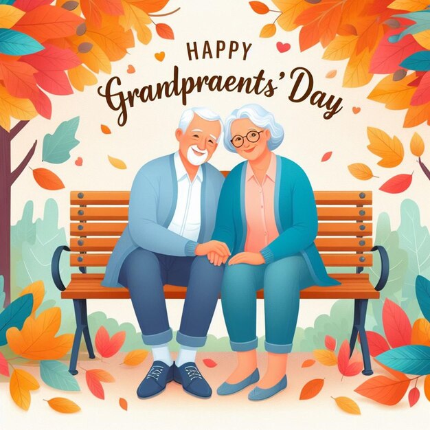 an old couple sit on a bench with the words happy grandparents on it