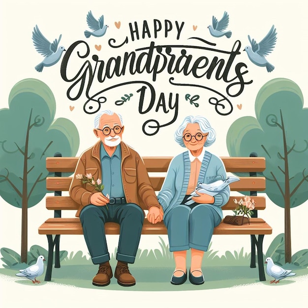 an old couple sits on a bench with birds flying around them