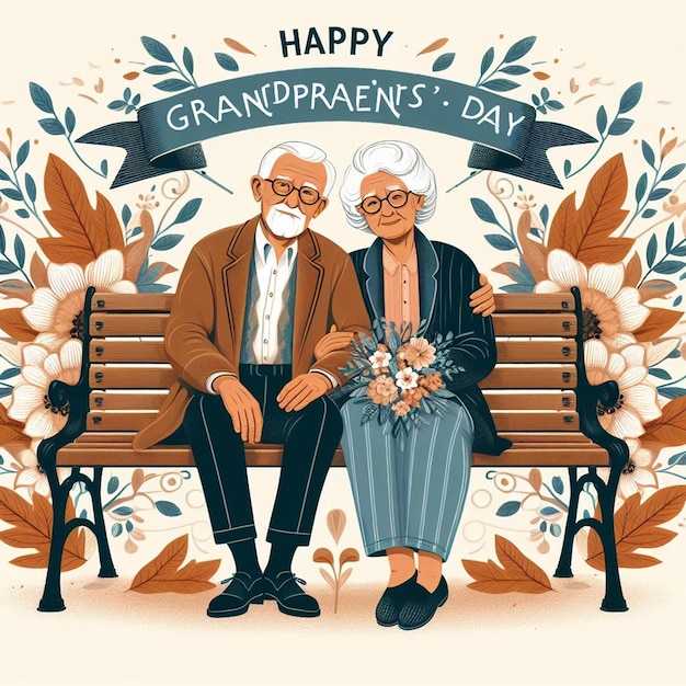 Photo an old couple sitting on a bench with a banner that says  happy grandparents