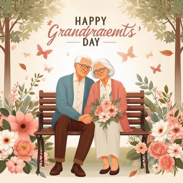 Photo an old couple sitting on a bench with flowers and an old couple on it