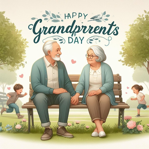 an old couple sitting on a bench with a happy grandmothers day poster