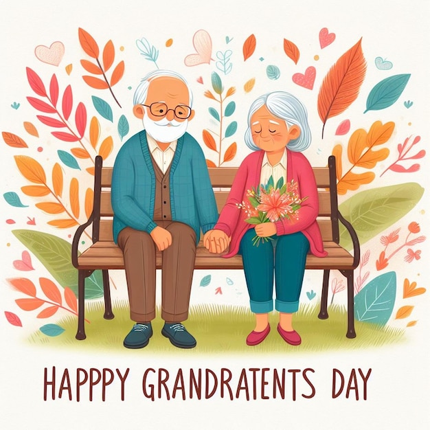 an old couple sitting on a bench with a happy grandparents day greetings