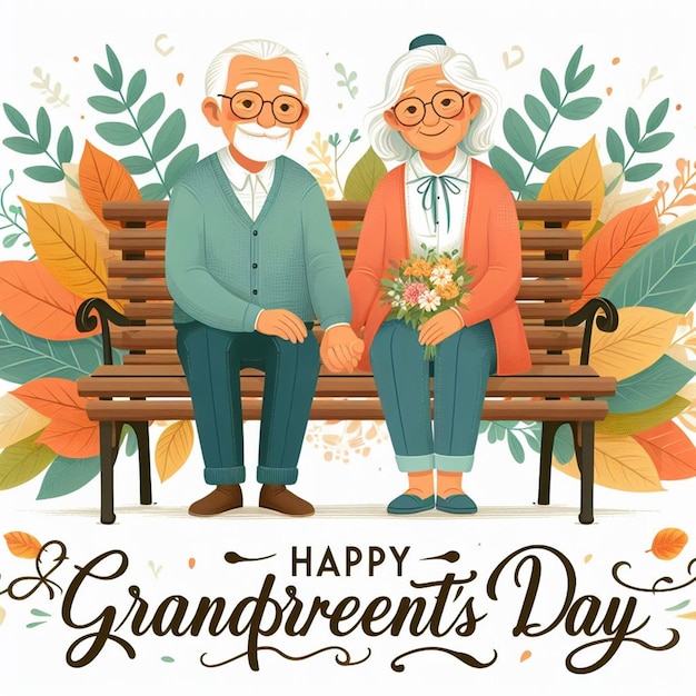 an old couple sitting on a bench with leaves and a happy grandparents day greetings