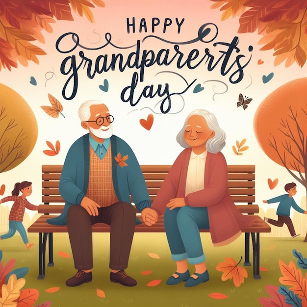 an old couple sitting on a bench with leaves and an old man holding hands