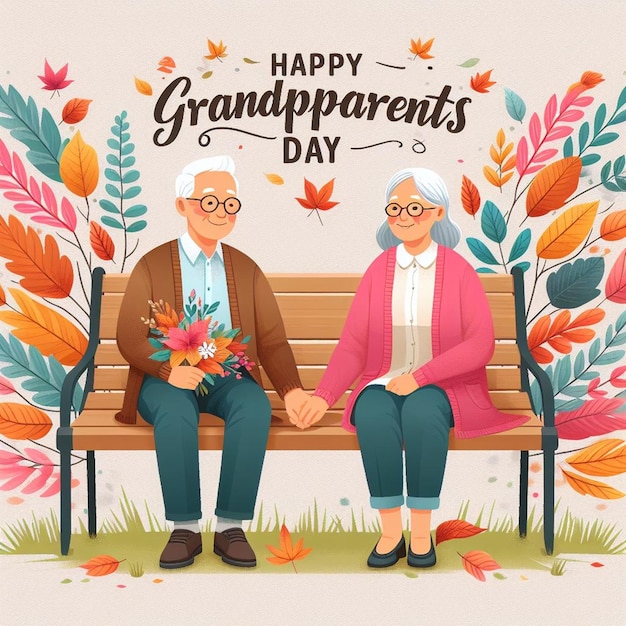 an old couple sitting on a bench with leaves and an old man sitting on it