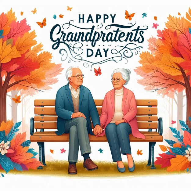 an old couple sitting on a bench with the words happy grandparents day