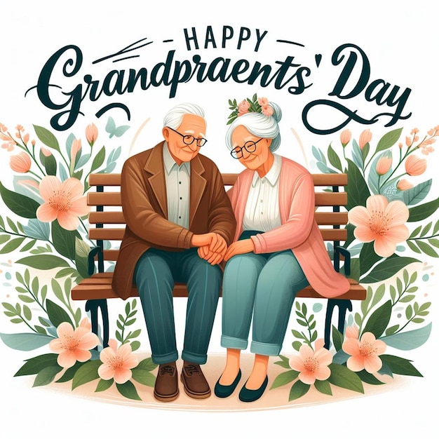 an old couple sitting on a bench with the words happy grandparents on it