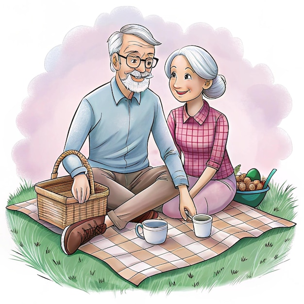 an old couple sitting on a picnic blanket with a basket of eggs and a basket of eggs