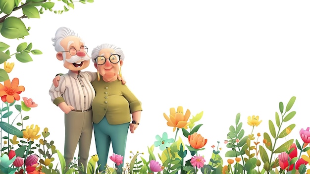 an old couple standing in a garden with a man and woman standing next to them