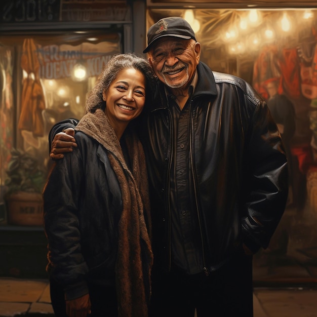 Old couple urban style in the city at night head to toe