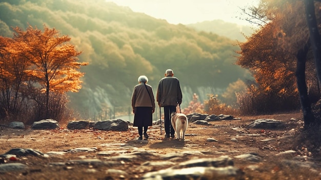 Old couple walking in the park Generative AI