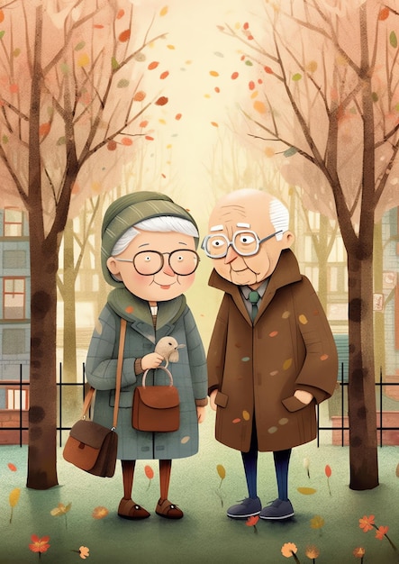 An old couple walking in the park illustration