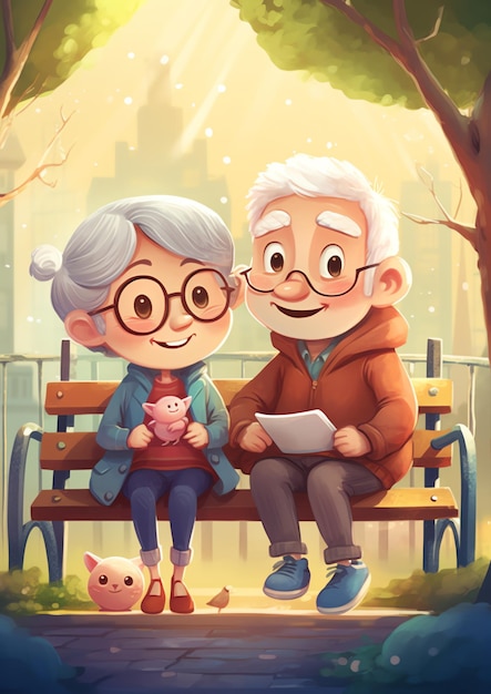 An old couple walking in the park illustration