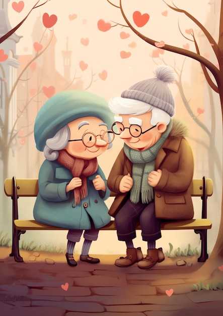 An old couple walking in the park illustration