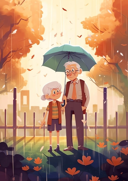 An old couple walking in the park illustration