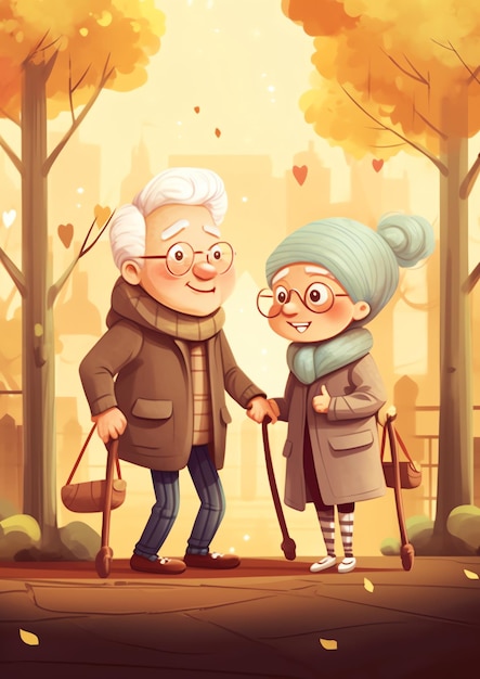 An old couple walking in the park illustration