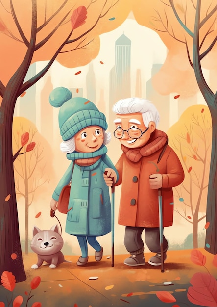 An old couple walking in the park illustration