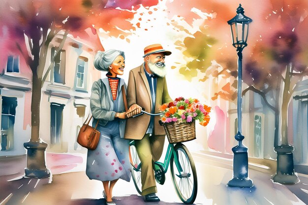 an old couple with a basket of flowers and a man with a bicycle