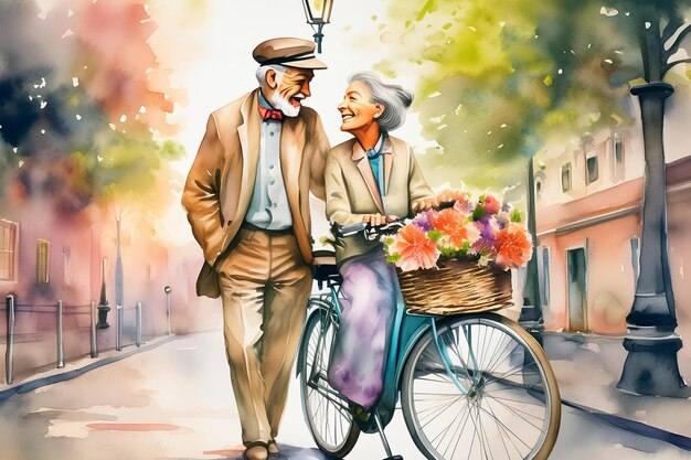 an old couple with a basket of flowers and a man with a bicycle