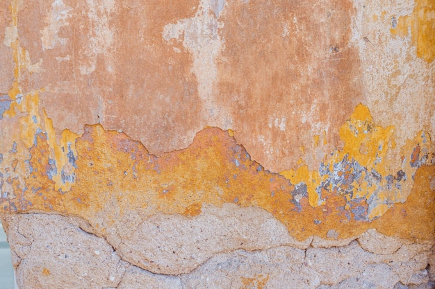 Old cracked weathered shabby yellow painted plastered peeled wall background