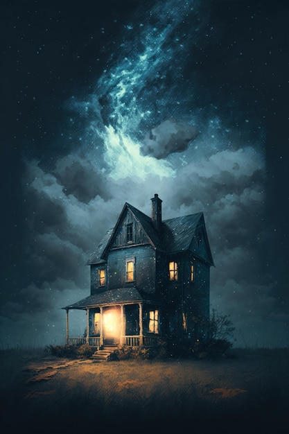 Old Creepy Lonely House at Night - AI Generated Spooky Photo Illustration