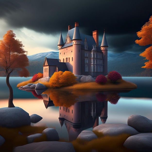 Old crumbling castle on the lake Cold dark skies autumn 3d illustration